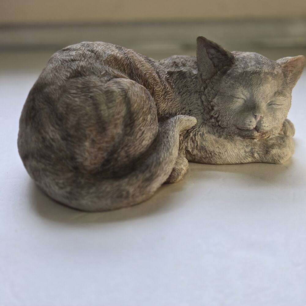 Sleeping Cat Resin Gray and Brown Coloring Very Lightweight Home/Porch Decor